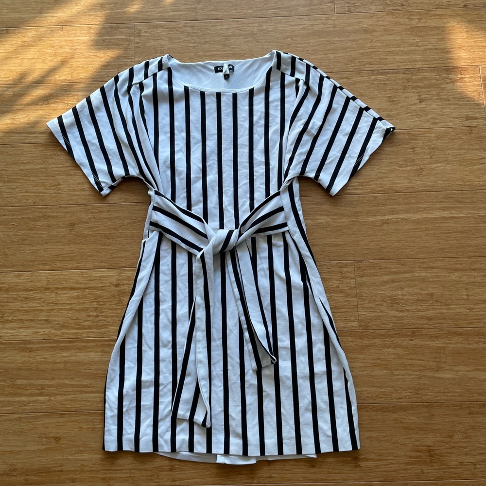 Express Black and White Striped Dress with Belt Small